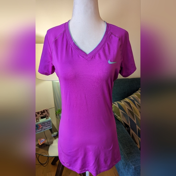 Nike Tops - NIKE PRO DRI-FIT MEDIUM FITTED TOP WORKOUT DARK PINK WITH BLUE SWOOSH & NECKLINE